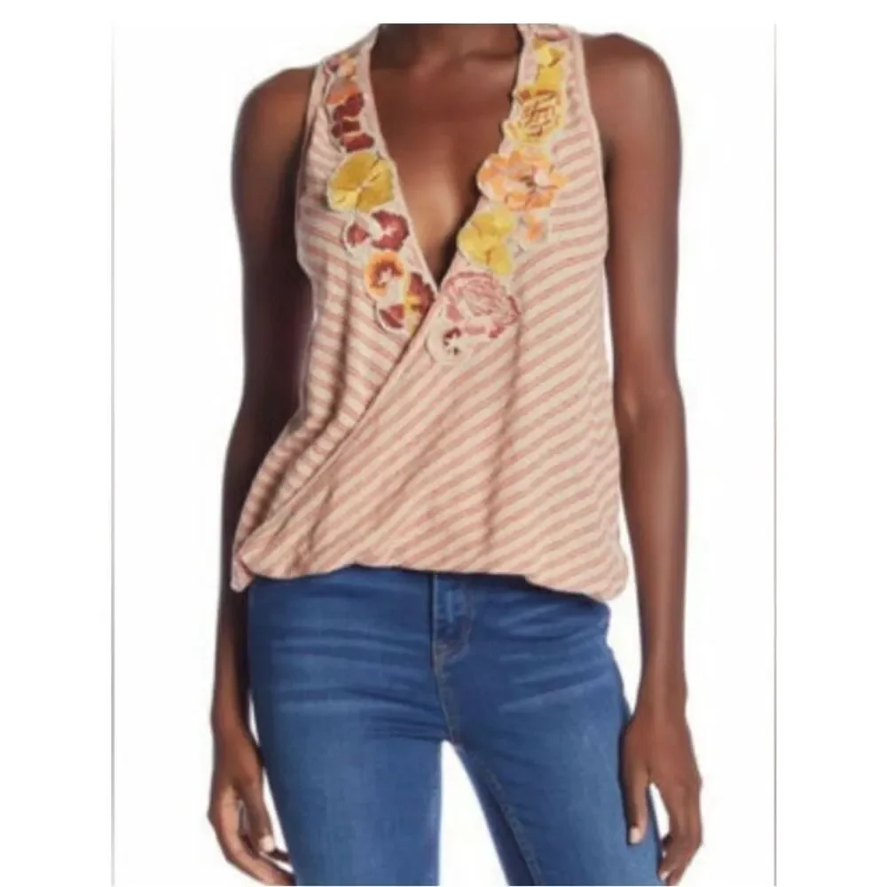 FREE PEOPLE | Frida Floral Striped Wrap Style V-Neck Tank Women’s Size Small